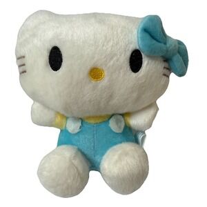 Hello Kitty by Sanrio Small Plush 6.5" Stuffed Kitty Cat Aqua Overalls & Bow EUC